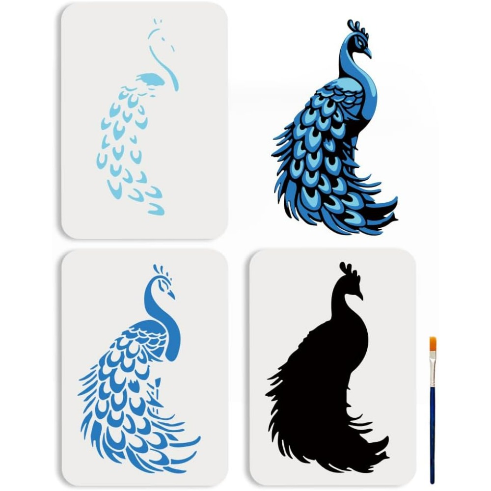 Paint Brush - 3Pcs Layered Peacock Stencils 11.7x8.3inchs Reusable