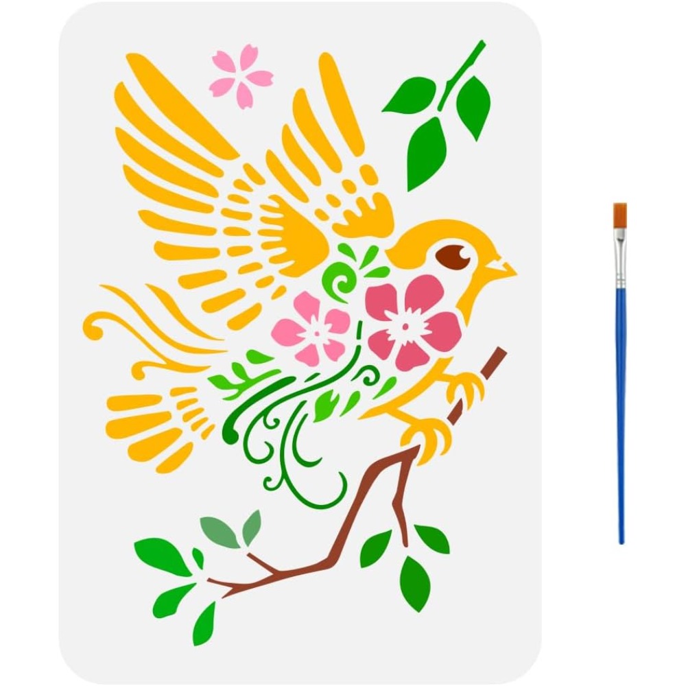 Paint Brush - Sparrows on Branches Drawing Stencil with