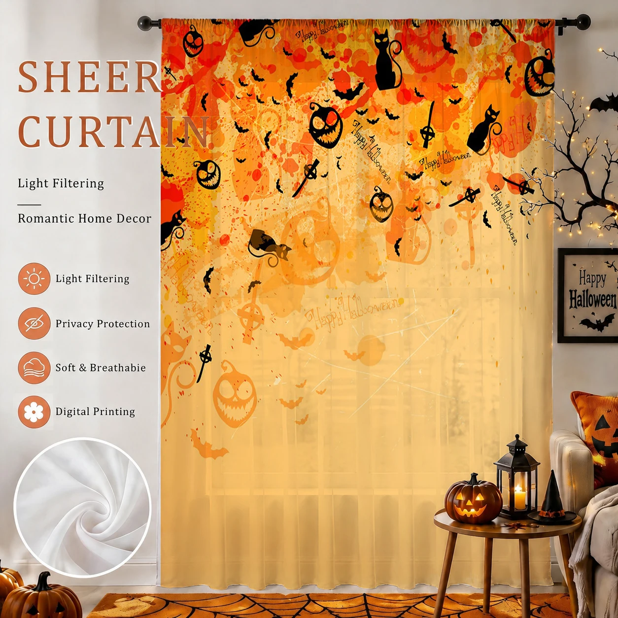 Curtain Rods - 1Pc Spooky Halloween Sheer Curtain Rod