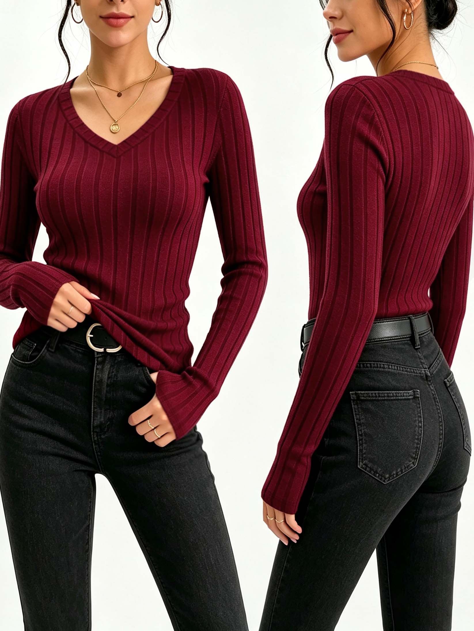 Wallpaper - Women Solid V‑Neck Ribbed Knit Top,