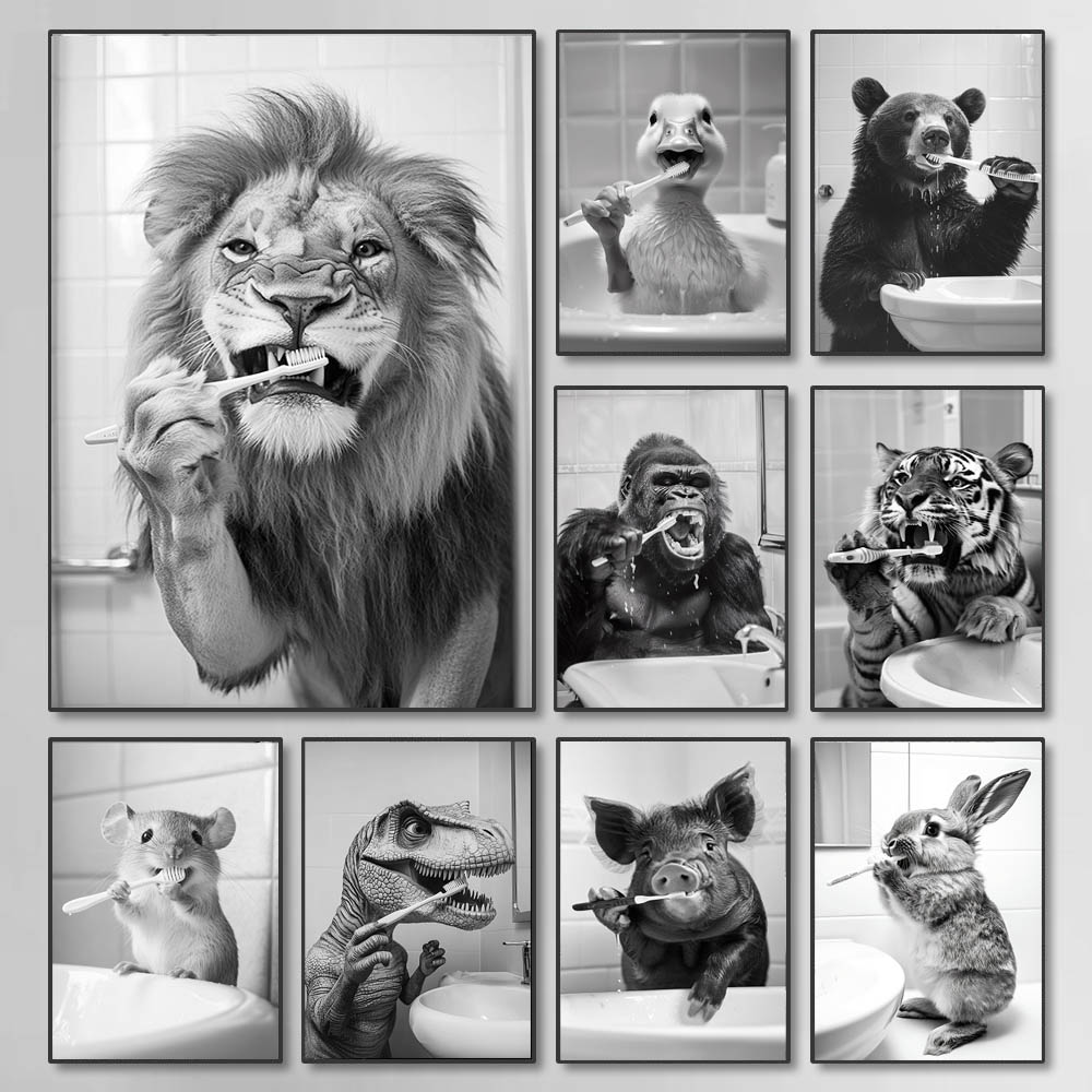 Paint Brush - Black White Funny Bathroom Brushing Teeth