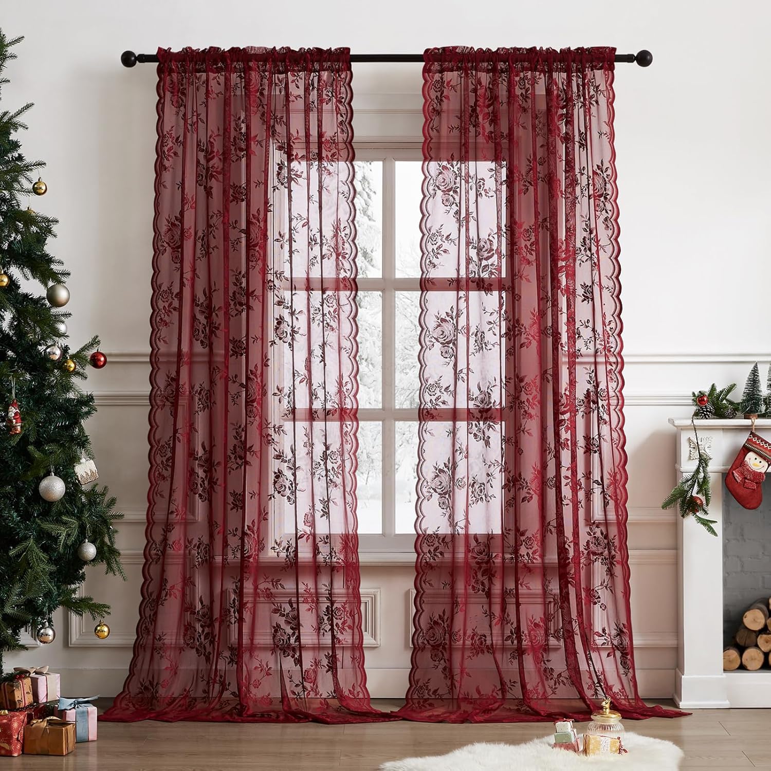 Curtain Rods - 1 PC Burgundy Lace Curtains 45